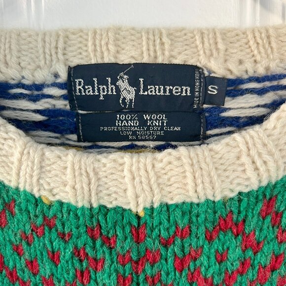 Vintage Ralph Lauren Hand Knit Wool Crewneck Ski Sweater - Picture 2 of 3